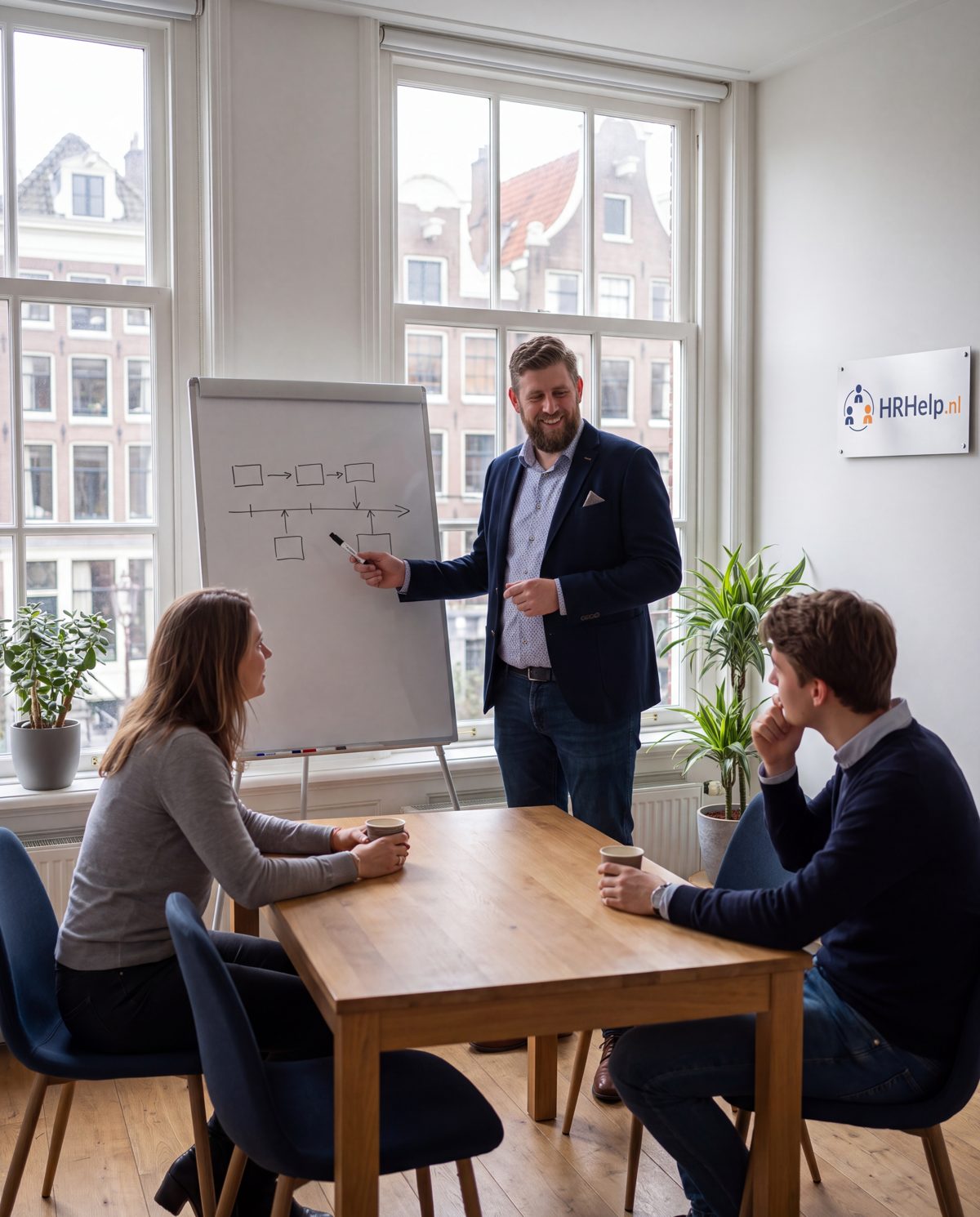 Cornelis Leerlooijer, founder of HRhelp, explaining an onboarding plan to two clients at the HRhelp office