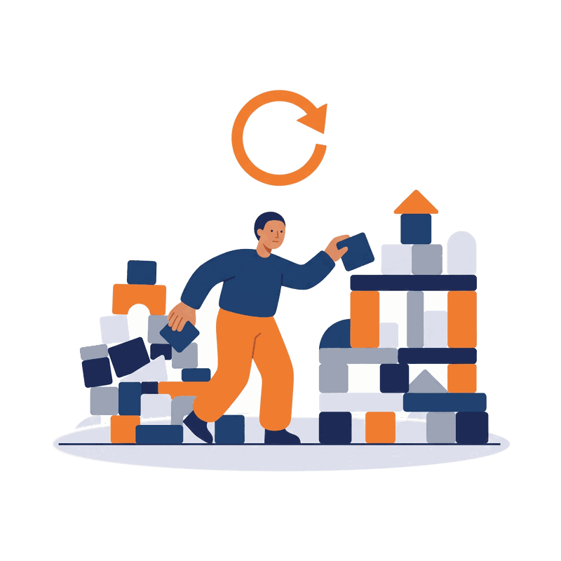 Illustration: a person rebuilds a stack of blocks under a circular refresh arrow