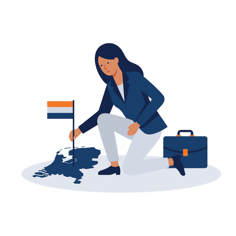 Illustration: a professional kneels on a small map of the Netherlands, planting a Dutch flag beside her briefcase