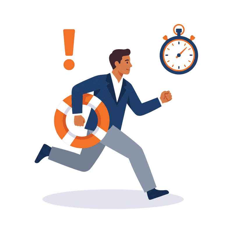 Illustration: a consultant runs to help, carrying a life ring, next to a stopwatch and an exclamation mark