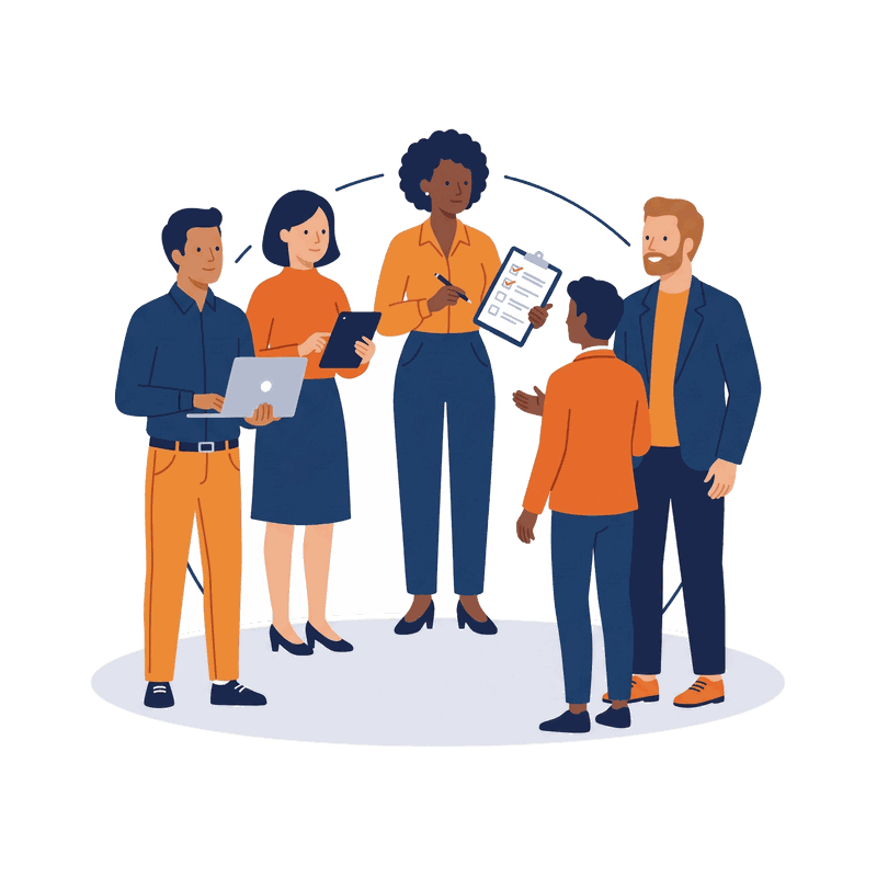 Illustration: five colleagues stand together, sharing a laptop and a clipboard